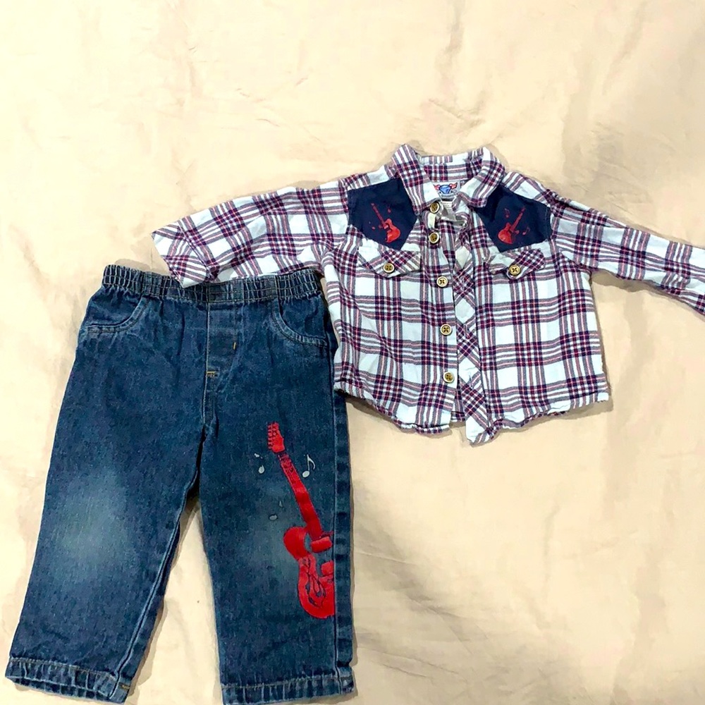Boy guitar themed set, jeans and flannel shirt, size 6/9 month, used